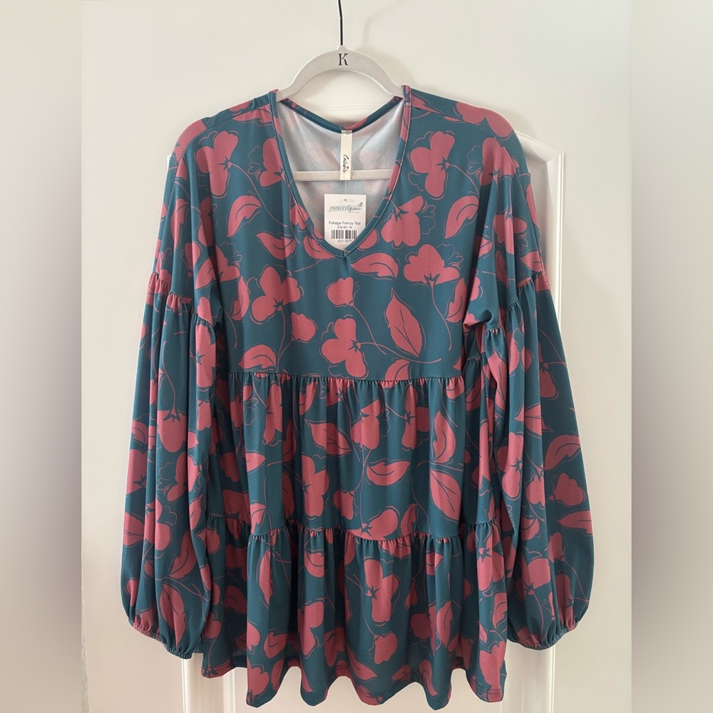 NWT - Teal and Mauve Floral V-Neck Blouse